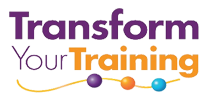 The image displays the "Transform Your Training" logo, with "Transform" in purple and "Your Training" in orange. Below the text, a yellow line curves through three spheres (purple, orange, and blue).