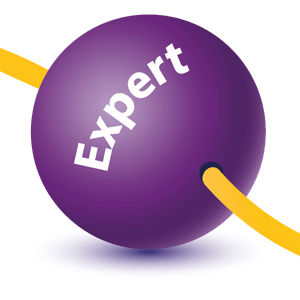 The image shows a purple sphere with the word "Expert" written on it in white text. A yellow line which represents a thread appears to pass through the sphere, suggesting the idea of expertise.