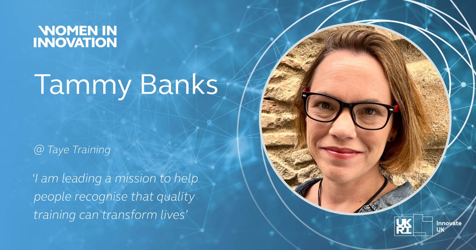 The image features a professional headshot of Tammy Banks on a blue background with text that reads "Women in Innovation." Alongside her name, there is a brief description of her role and achievements, highlighting her work in helping people navigate work environments with more clarity and confidence.