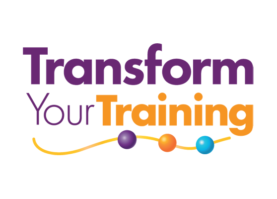 The image displays the "Transform Your Training" logo, with "Transform" in purple and "Your Training" in orange. Below the text, a yellow line curves through three spheres (purple, orange, and blue).