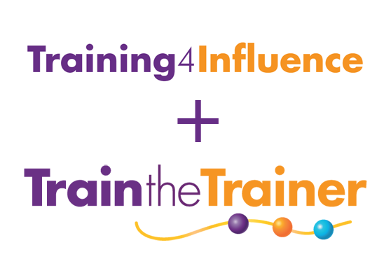 The image features the text "Training4Influence" and "Train the Trainer" in a stacked format, with a plus sign between them, indicating a combination of the two programs. "Training4Influence" is in purple and orange, while "Train the Trainer" includes a yellow line with three spheres (purple, orange, and blue) beneath it, symbolising a connected and integrated training approach.