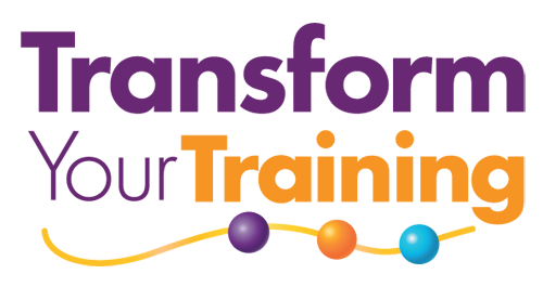 The image displays the "Transform Your Training" logo, with "Transform" in purple and "Your Training" in orange. Below the text, a yellow line curves through three spheres (purple, orange, and blue).