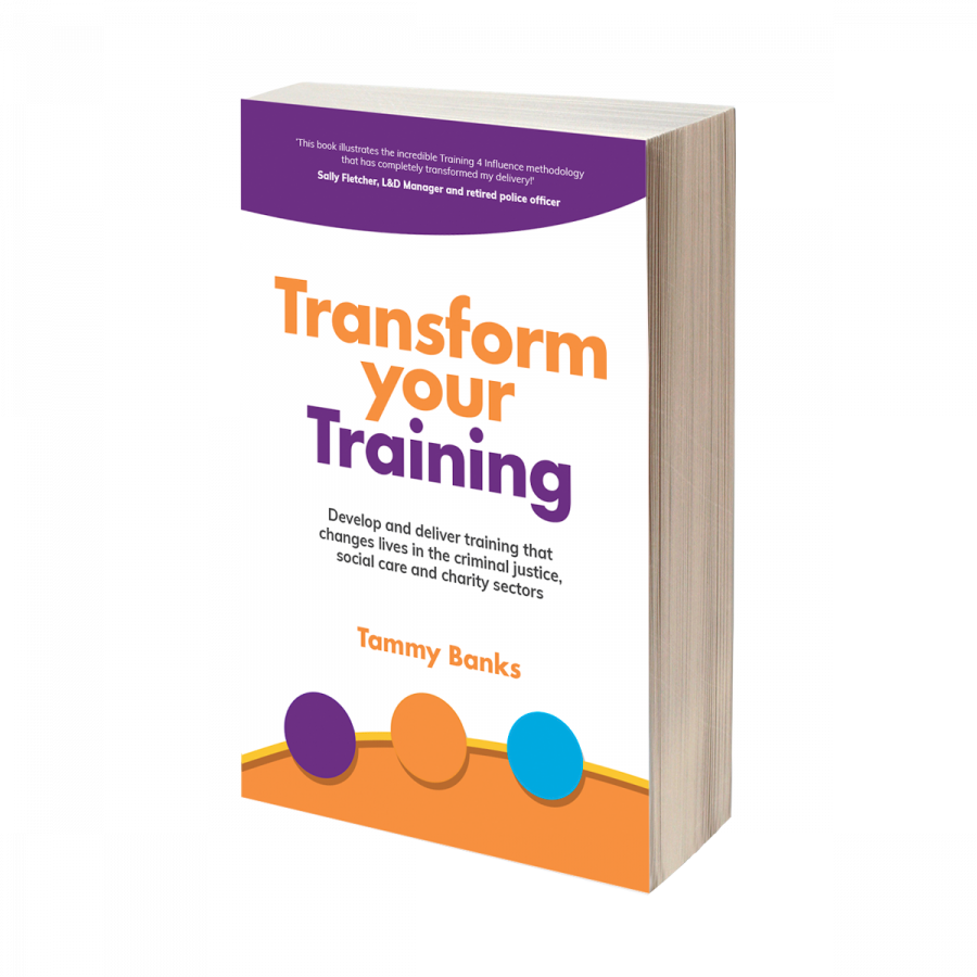 The image shows a book titled "Transform Your Training" by Tammy Banks. The cover features bold orange and purple text, with a design that includes colourful circles at the bottom. The book is a resource for improving training methods.